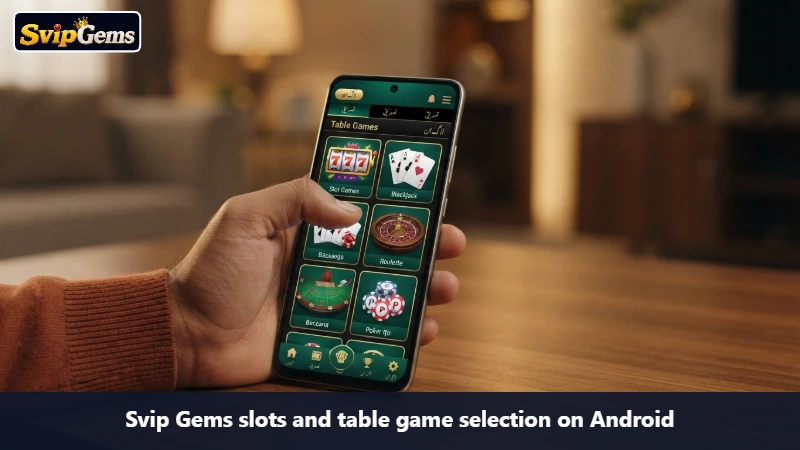 Svip Gems slots and table game selection on Android
